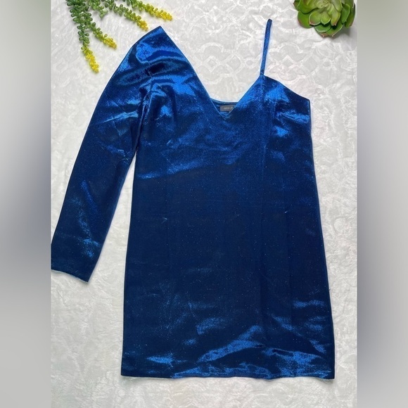 American Retro Mila Metallic Silk One Shoulder Long Sleeve Mini Dress in Blue - Picture 2 of 15